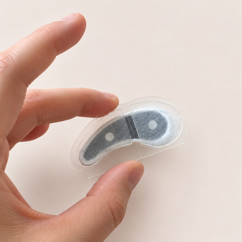 Apoyá el transparente sobre el EyePods: como se ve a través, hacé coincidir la forma del gel con la del EyePods y presioná bien.